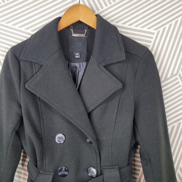 J2 JOUJOU Size Medium Sweatshirt Jacket Peacoat Black Belted Warm Button Up - Picture 2 of 5